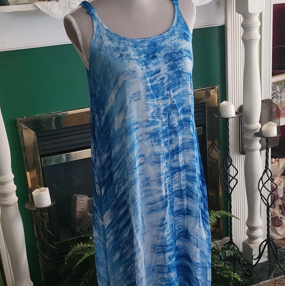 NWT Blue and White Tie-Dye Sleeveless Dress Adjustable Straps